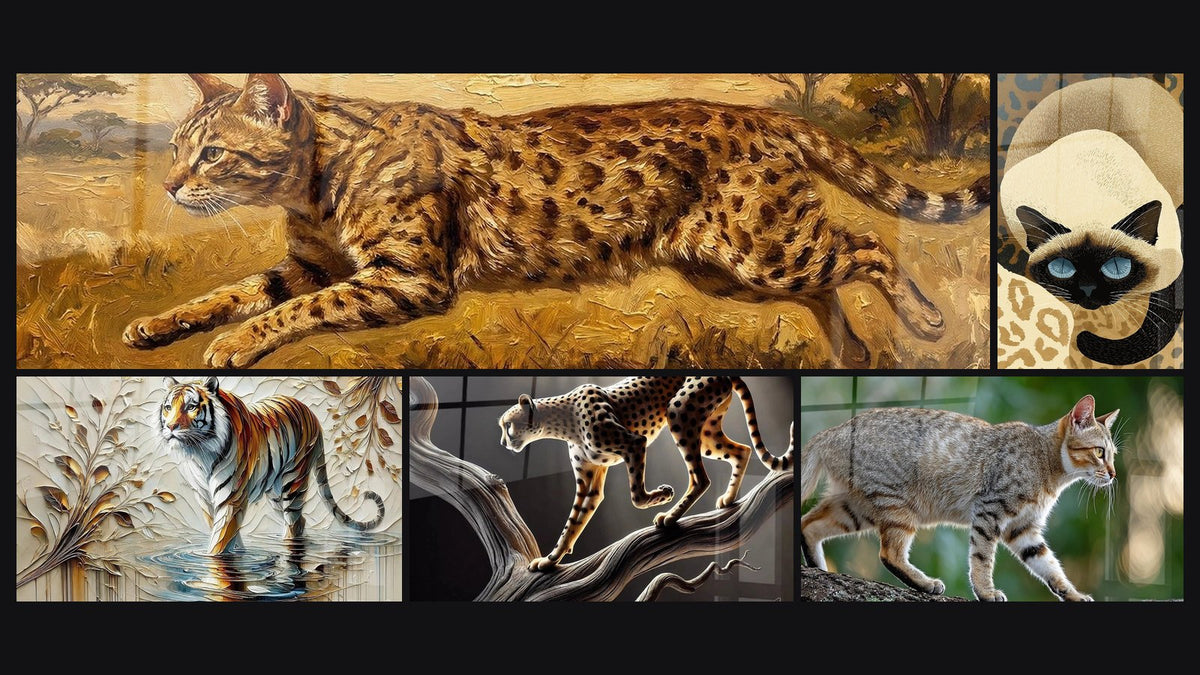Mosaïque de cinq tableaux, dont Chat Sauvage Tacheté dans la Savane, Reflet Sauvage et Chat Siamois Léopard