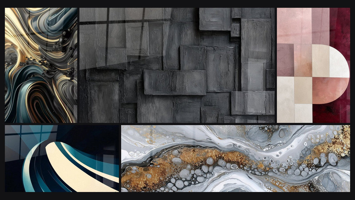 Mosaico de cinco cuadros, entre ellos Ondulaciones Opulentas, Onda espiral moderno y Abstracto Fluido Gris y Oro