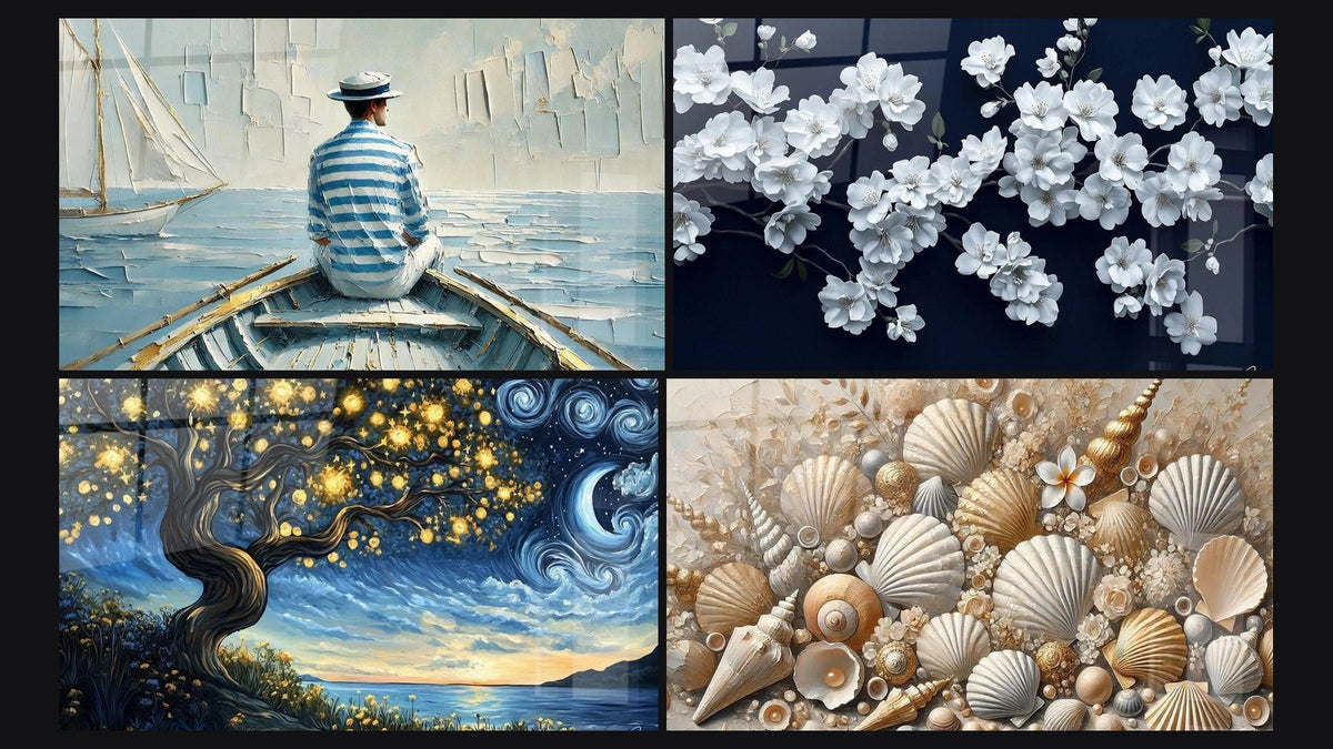 Mozaïek van vier schilderijen, waaronder De Kunst van Water, Kerselaarbloesem nr. 1 en Zandschatten