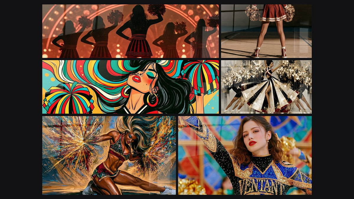 Mosaïque de six tableaux, dont Meneuse robe évasée noir et or et Pom-pom girl bordeaux et dorée à genoux