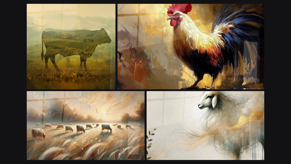 Mosaïque de quatre tableaux, dont Vache Double Exposition, Coq N°3 et Vagues de Blé
