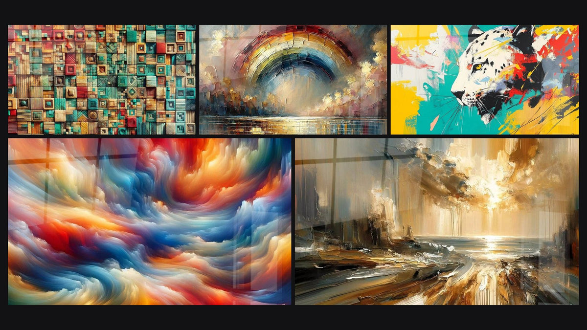 Mosaïque de cinq tableaux, dont Imbrication des Couleurs, Symphonie des Couleurs en Fusion et Rêverie en Couleurs