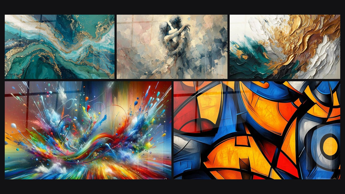 Mosaico de cinco cuadros, entre ellos Entre Nosotros, Trazos en Oro y Jade y Abstracto Big Bang Explosivo