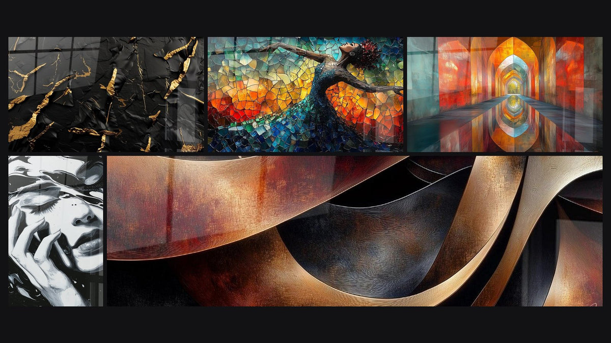 Mosaic of five paintings, including Emotional Woman, Dance Fire Liberation Red and Sinuosities Meditation Ochre