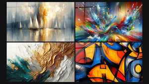 Mosaico de cuatro cuadros, entre ellos Aurora sobre la Bahía, Trazos en Oro y Jade y Abstracto Big Bang Explosivo