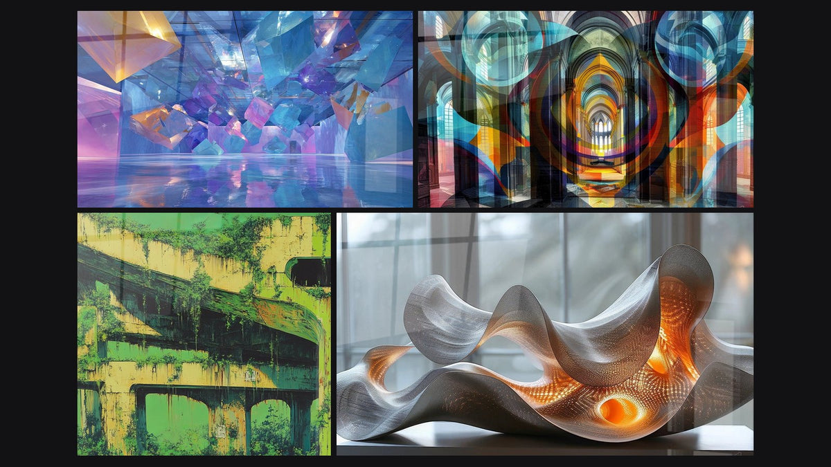Mosaic of four paintings, including Futuristic Architecture Crystals, Abstract Gothic Cathedral and Urban Infrastructure