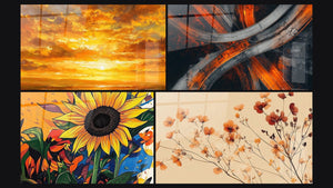Mosaic of four paintings, including Ocean Sunset and Abstract highway interchange
