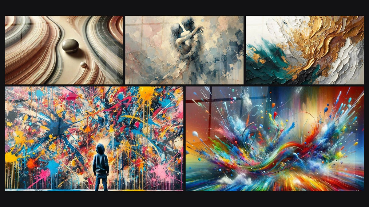 Mosaico de cinco cuadros, entre ellos Líneas y Perspectivas, Explosiones y Entre Nosotros