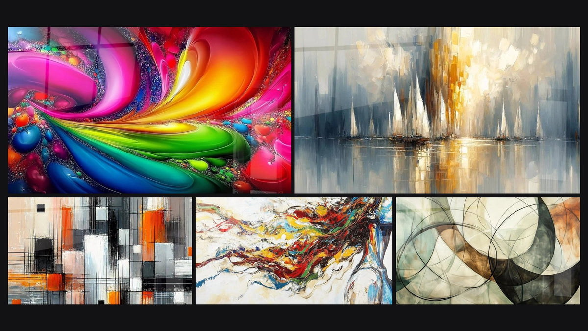 Mosaïque de cinq tableaux, dont Tourbillon coloré, Mécanique des couleurs et Aurore sur la Baie