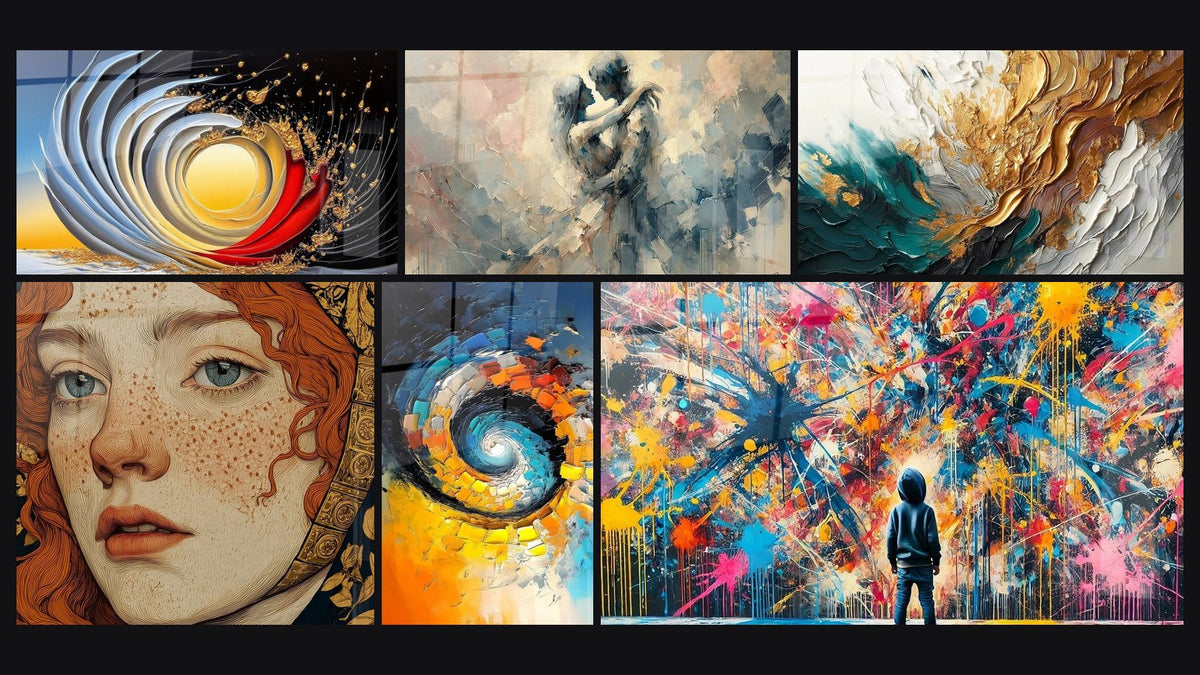 Mosaico de seis cuadros, entre ellos Espiral dorado explosivo, Retrato Llama Cobriza y Remolino cósmico