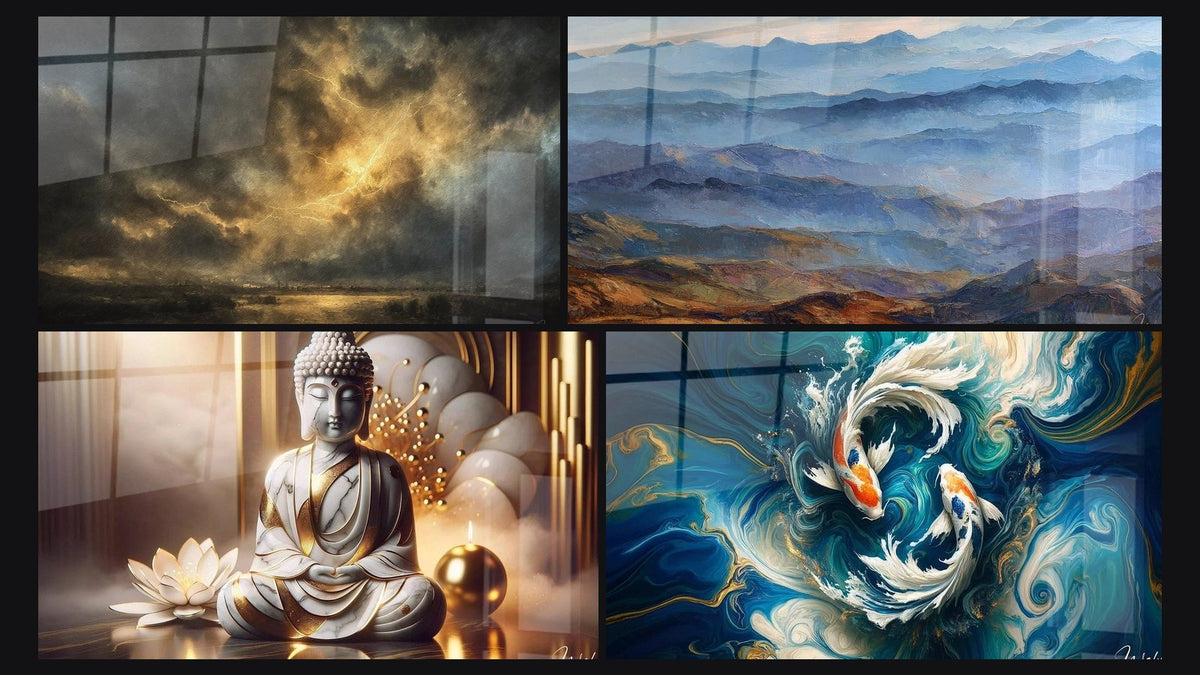 Mosaico de cuatro cuadros, entre ellos Tormenta dramática, Montañas brumosas y Paz Mármol