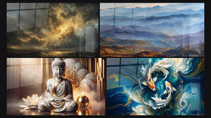 Mosaico de cuatro cuadros, entre ellos Tormenta dramática, Montañas brumosas y Paz Mármol
