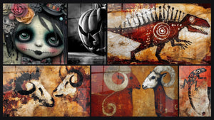 Mosaïque de six tableaux, dont Poupée Beauté Maudite, Citrouille Maléfice Ancien et Dinosaure rouge