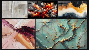 Mosaic of five paintings, including Solar Storm Abyss, Eternal Golden Tide and Golden Rivers