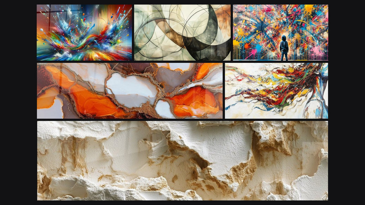 Mosaïque de six tableaux, dont Big Bang Artistique Éclatant, Fluides oranges et blancs sur fond cuivré et Muse Moderne