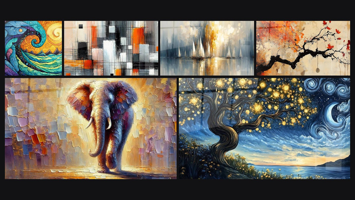 Mosaico de seis cuadros, entre ellos Ola cósmica y montañas, Coloso de Luz y Mecánica de Colores