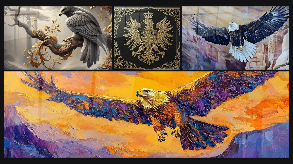 Mosaico de cuatro cuadros, entre ellos El Emblema del Cielo, Águila Heráldica Real y Gran Altura Alpina Magenta