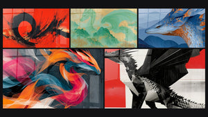 Mosaïque de cinq tableaux, dont Dragon noir aux ailes déployées