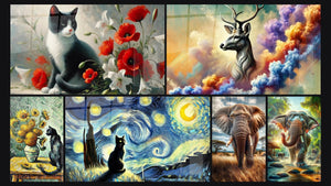 Mosaico de seis cuadros, entre ellos Musa Primaveral, Jarra de Girasoles y Bajo la Bóveda