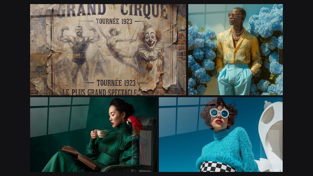 Mosaic of four paintings, including Vintage Circus and Woman in Green Dress with Red Parrot