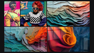 Mosaico de cinco cuadros, entre ellos Estético Años 80, Pop Art Urbano y Olas fluidas