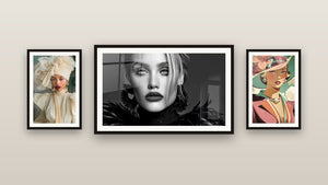 Gallery wall with three framed paintings: Woman Portrait, Vintage Woman and Fashion