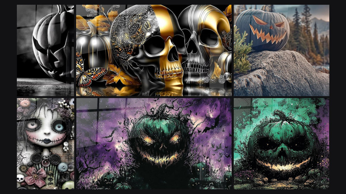 Mosaico de seis cuadros, entre ellos Calabaza Malévola Antigua y Muñeca Recuerdos Embrujados
