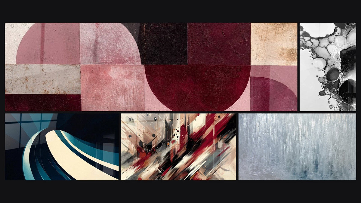 Mosaic of five paintings, including Bubble Abstract, Modern Spiral Wave and Artistic Turbulence