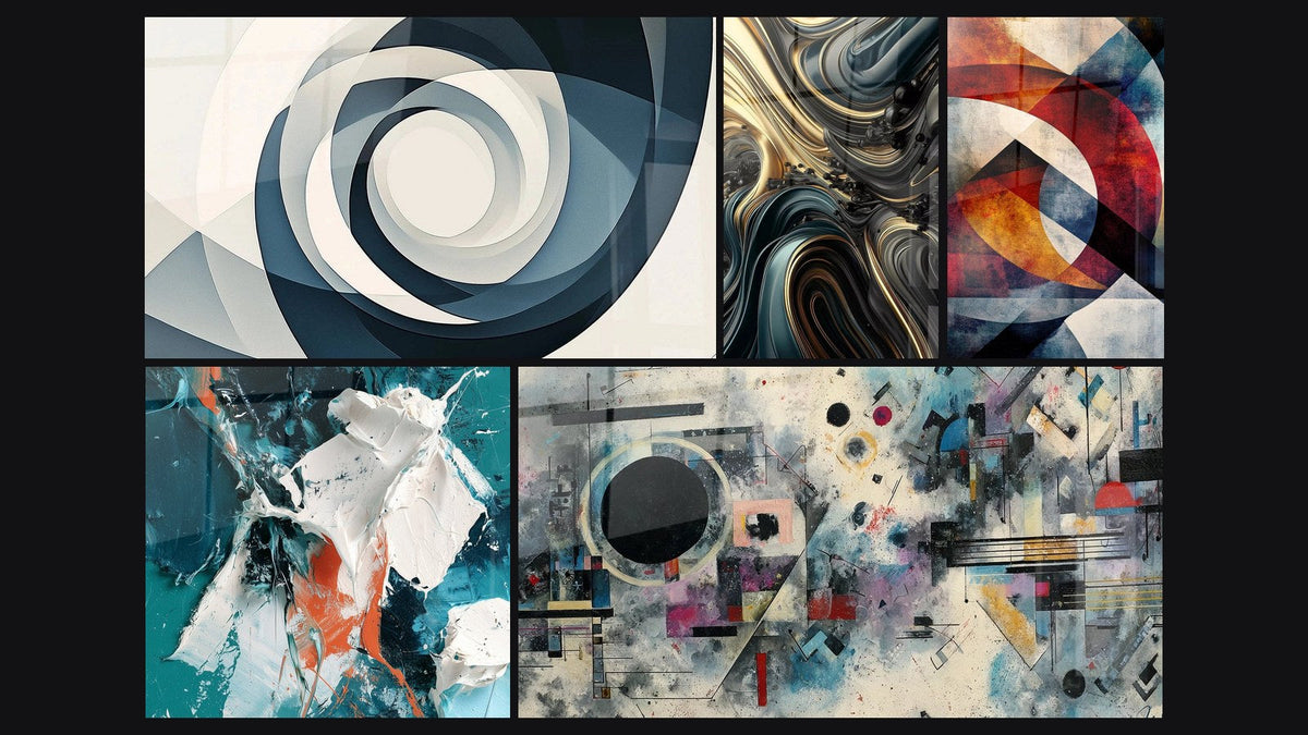 Mosaïque de cinq tableaux, dont Vortex Azur, Ondulations Opulentes et Éclat blanc et sarcelle en relief