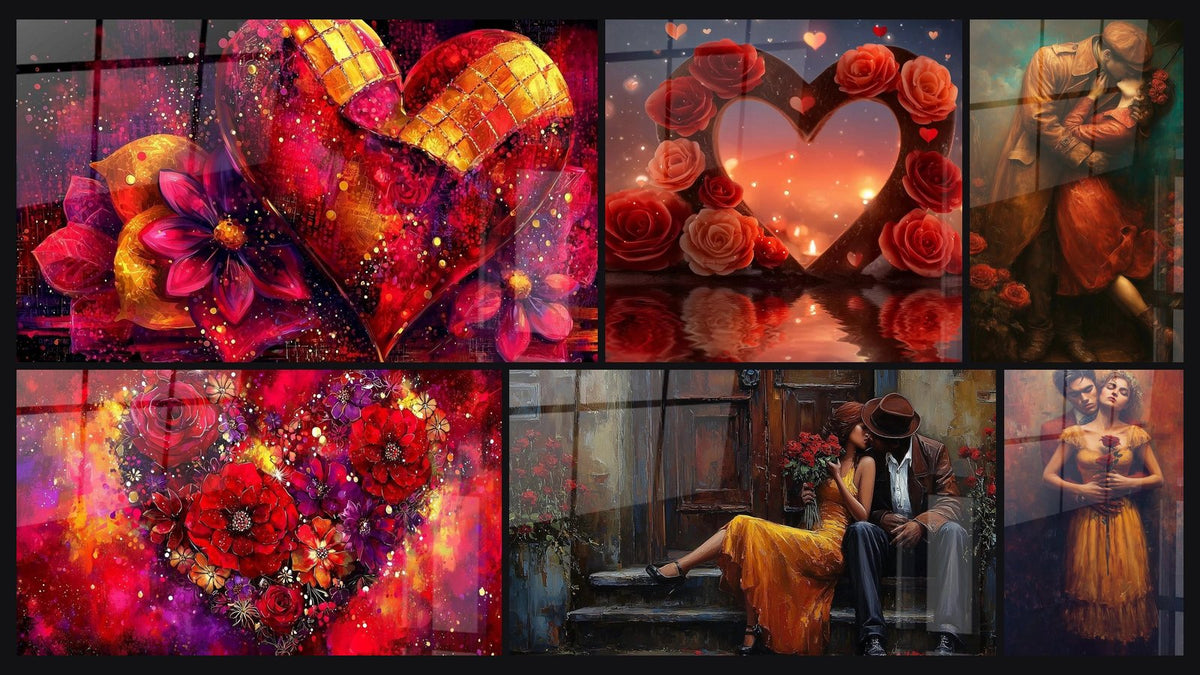 Mosaic of six paintings, including Mosaic of Love Heart, Floral Heart Ecstasy and Heart Eternal Passion