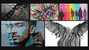 Mosaic of five paintings, including The Traces of the Past, Street Art Wall Art N°4 and Chromatic Passages