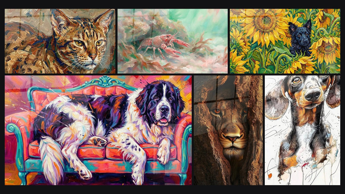 Mosaïque de six tableaux, dont Chat Ocicat Impressionniste, Lionne N°2 et Teckel N°1