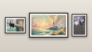 Gallery wall with three framed paintings: Industrial Port, Dawn Over the Lighthouse and Iris Wall Art No. 9