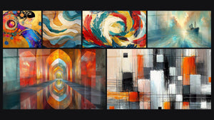 Mosaico de seis cuadros, entre ellos Mujer cósmica espiral y Ondas fluidas doradas y turquesa