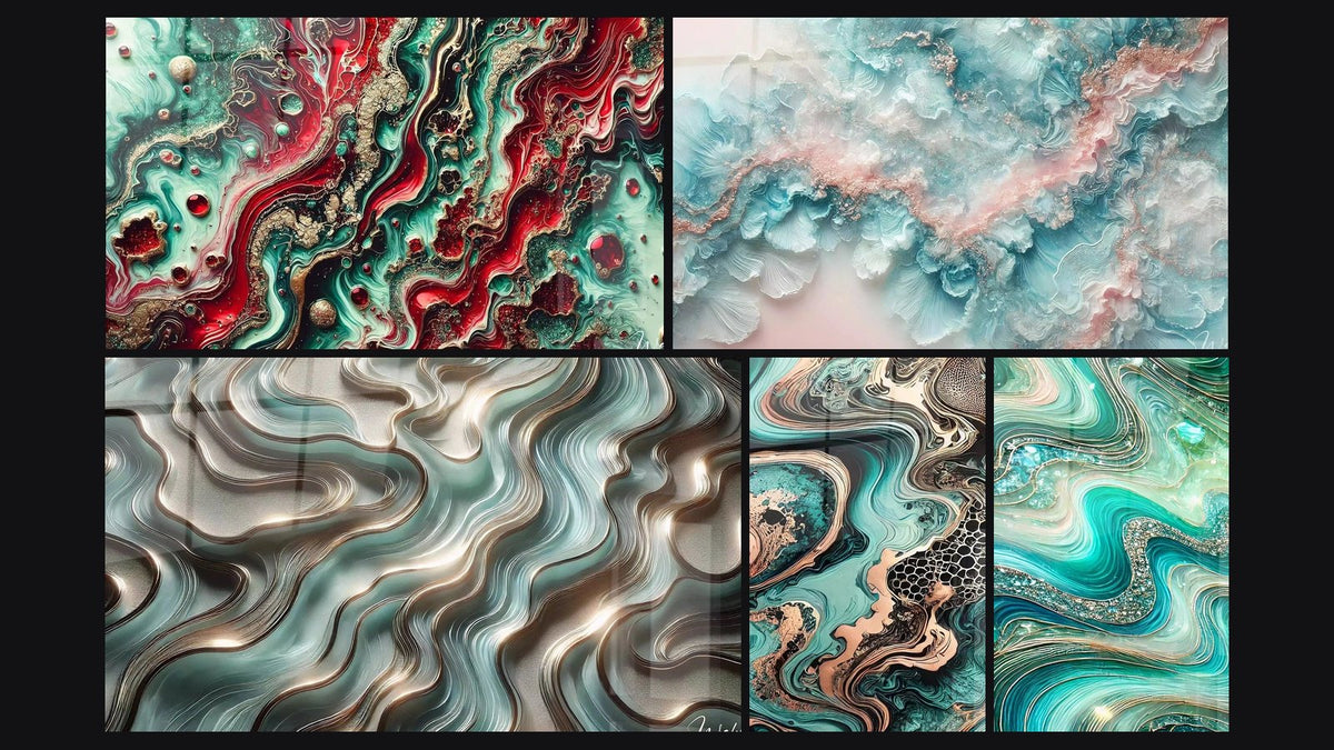 Mosaico de cinco cuadros, entre ellos Fusión Esmeralda, Curvas Etéreas y Abismo Marino