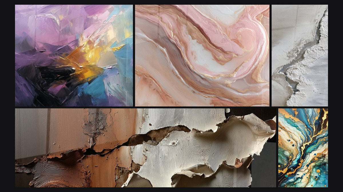 Mosaic of five paintings, including Abstract colorful explosion and Mineral Labyrinth