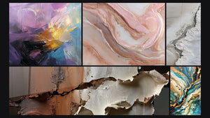 Mosaico de cinco cuadros, entre ellos Explosión de colores abstracta y Laberinto Mineral