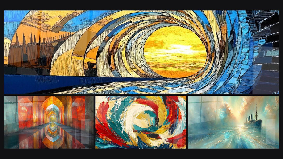 Mosaico de cuatro cuadros, entre ellos Ola oceánica espiral, Arcos Brillantes Color Bermellón y Metamorfosis Cósmica