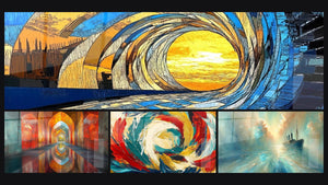 Mosaico de cuatro cuadros, entre ellos Ola oceánica espiral, Arcos Brillantes Color Bermellón y Metamorfosis Cósmica