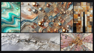 Mosaico de cinco cuadros, entre ellos Olas Cristalinas, Mosaico de Cobre y Explosión Rosa y Oro con Centro Radiante