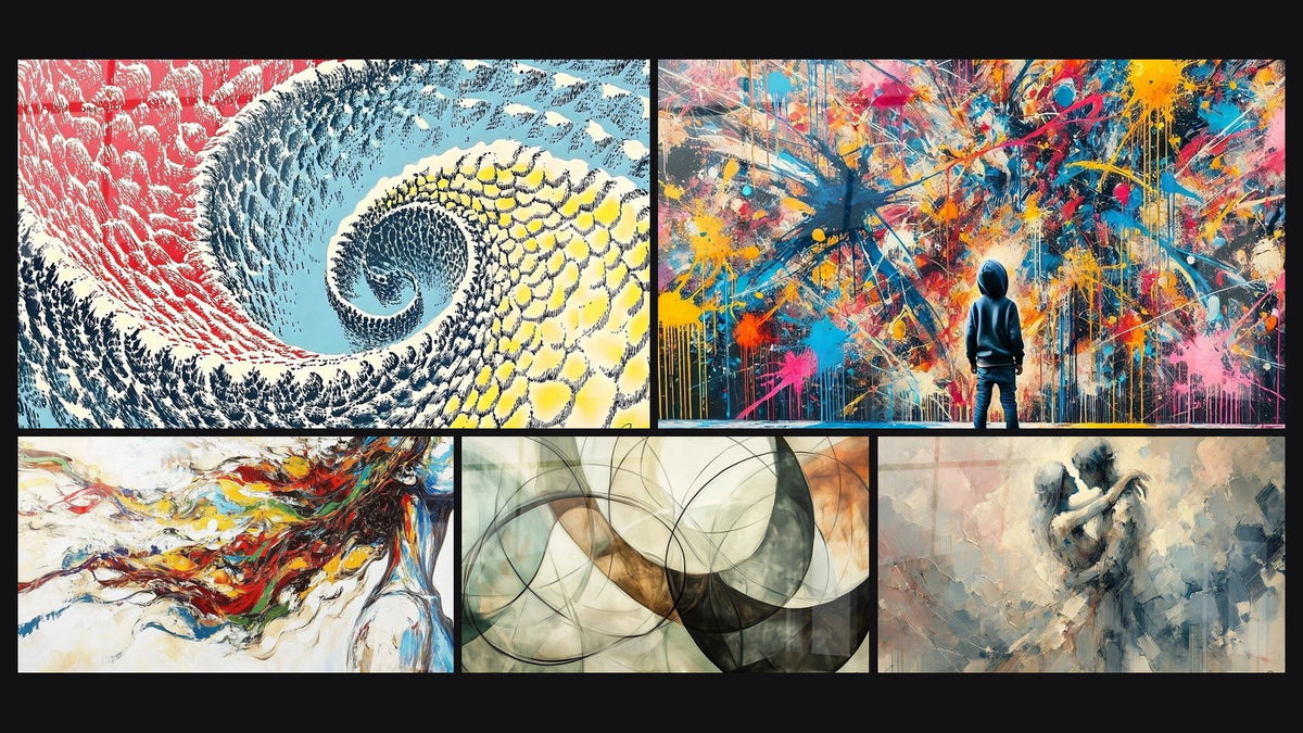 Mosaic of five paintings, including Colorful Spiral, Modern Muse and The Invisible Bonds