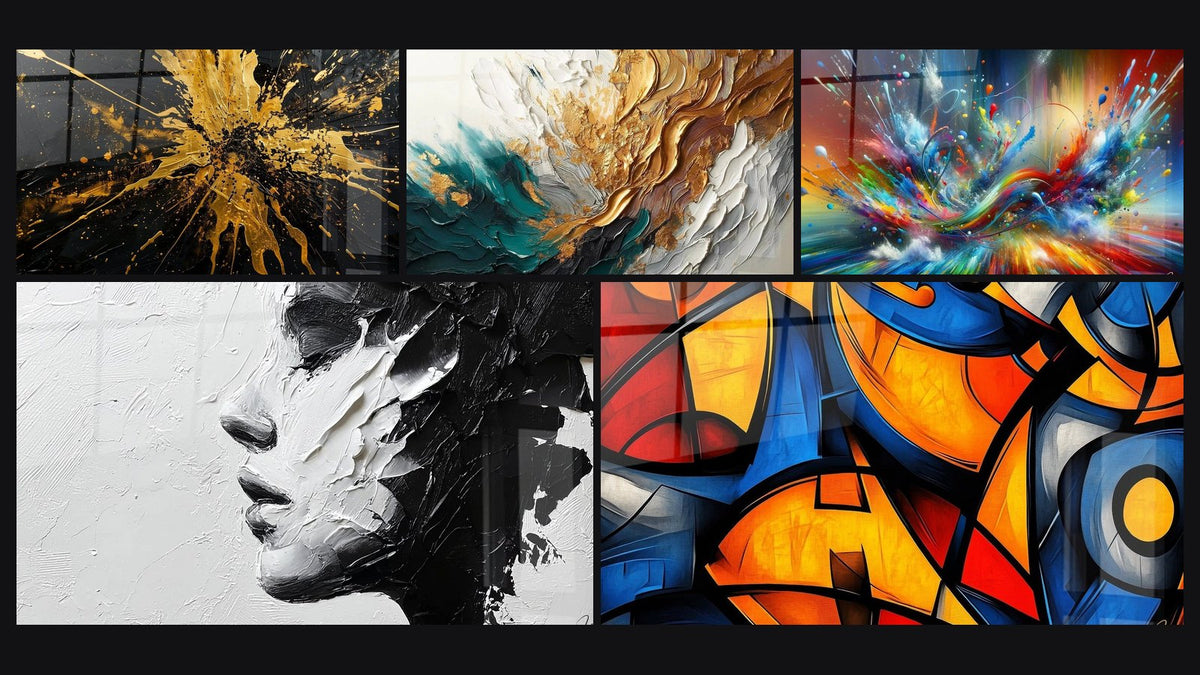 Mosaic of five paintings, including Expressive Women's Portrait and Trace Artwork in Gold and Jade