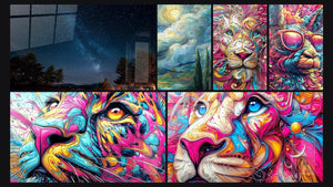 Mosaic of six paintings, including Cypress Under Starry Sky, Psychedelic Lioness and Psychedelic lion