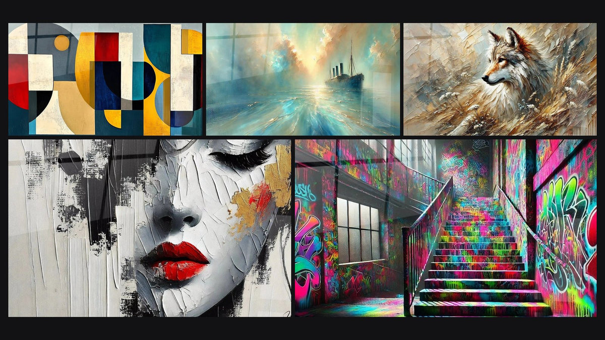 Mosaic of five paintings, including Colored geometric shapes, Unfinished Beauty and Heart of the Breeze