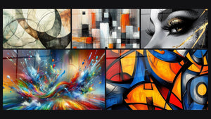 Mosaic of five paintings, including The Invisible Bonds, Mechanics of Colors and Big Bang Artistic Dazzling