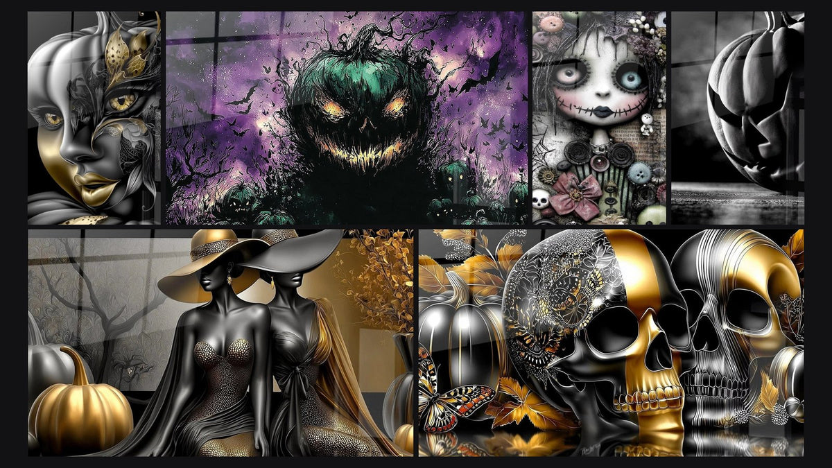 Mosaico de seis cuadros, entre ellos Máscara Mirada Embrujada y Calabaza Señor de las Tinieblas Púrpura