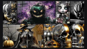 Mosaico de seis cuadros, entre ellos Máscara Mirada Embrujada y Calabaza Señor de las Tinieblas Púrpura