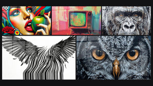 Mosaic of five paintings, including Modern Temptation and Nostalgic Cathode Ray