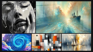 Mosaico de cinco cuadros, entre ellos Rostro Mujer Abstracto, Espiral cósmica azul y En El Corazón de la Brisa