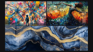 Mosaico de tres cuadros: Explosiones, Danza Llama Liberadora Roja y Mármol Líquido Eternidad Azul